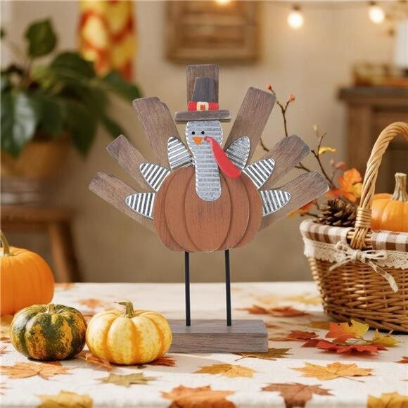 Thanksgiving Turkey Decoration, Wooden Indoor Standing Tabletop Turkey Decor - Picture 2 of 8